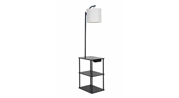 ASD Tray Table Floor Lamp with Two Square Shelves and Outlet Box 120V E26 with LED Bulb 9W 3CCT Rocker Switch USB-A, Type-C 58inch Black Frame Natural Shade ETL
